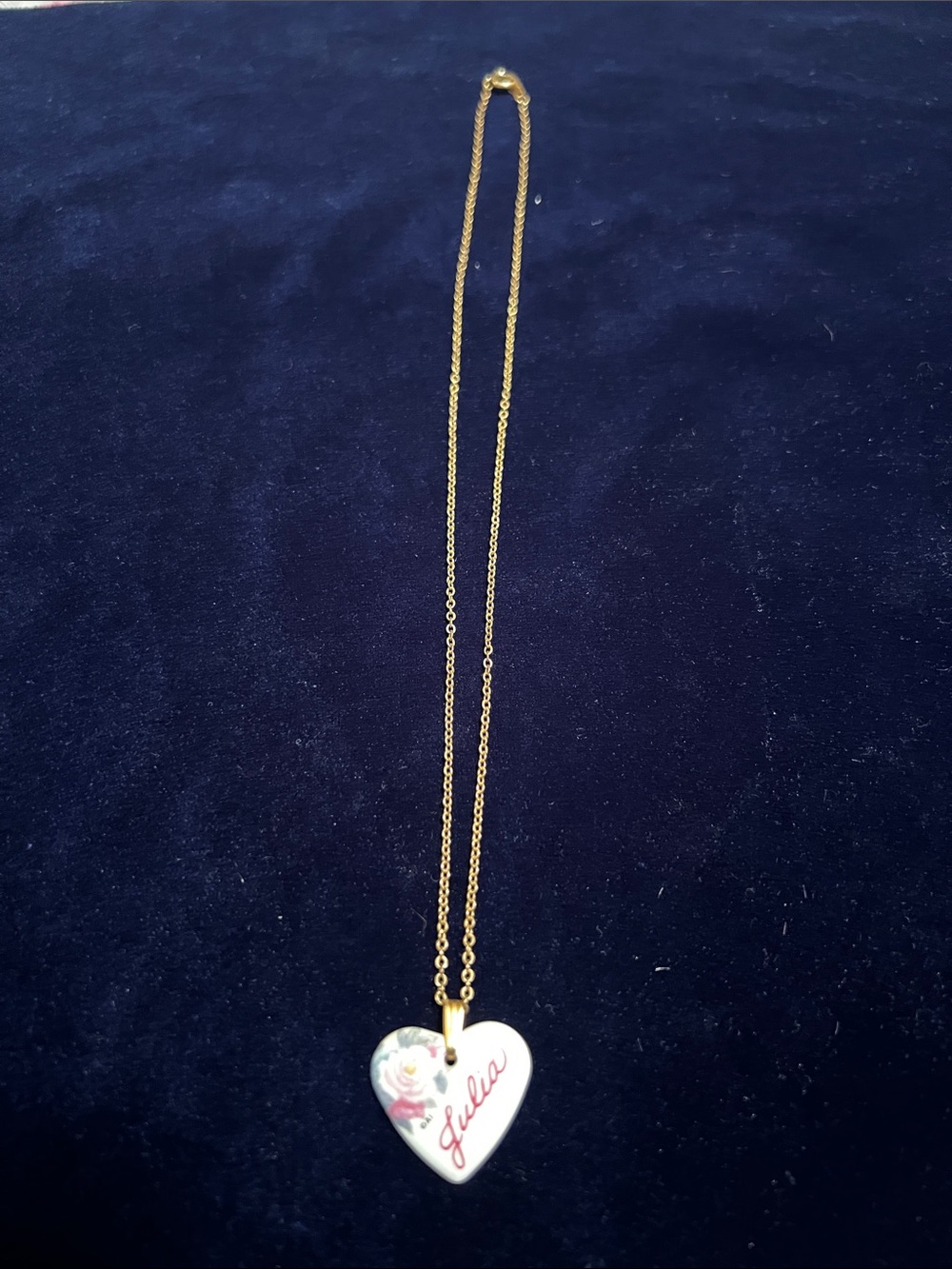 Vintage 80s/90s Kiln Fired Porcelain Heart Name Necklace "Julia" Rose Motif AI